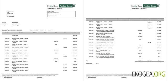 Modèle Word et PDF de relevé de compte Sri Lanka Amana Bank, 2 pages